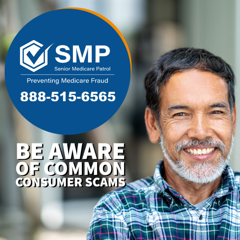 smiling man with text Be Aware of Common Consumer Scams